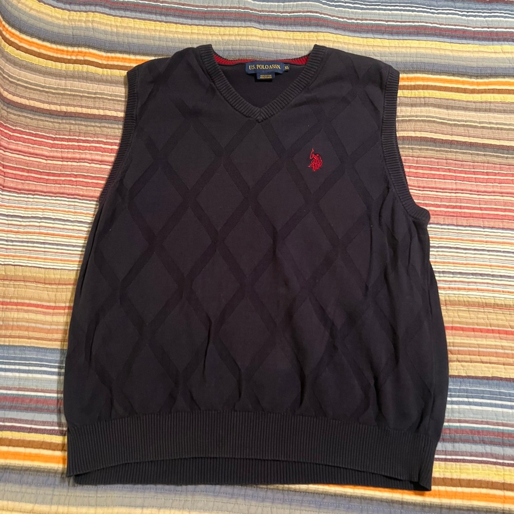 US Polo Assn Mens V Neck‎ Argyle Sweater Vest Navy Blue XL 100 Cotton